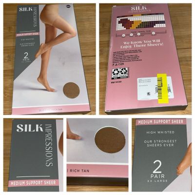 NEW Silk Impressions Pantyhose XXL Rich Tan 2pk Med Support Sheer High Waist